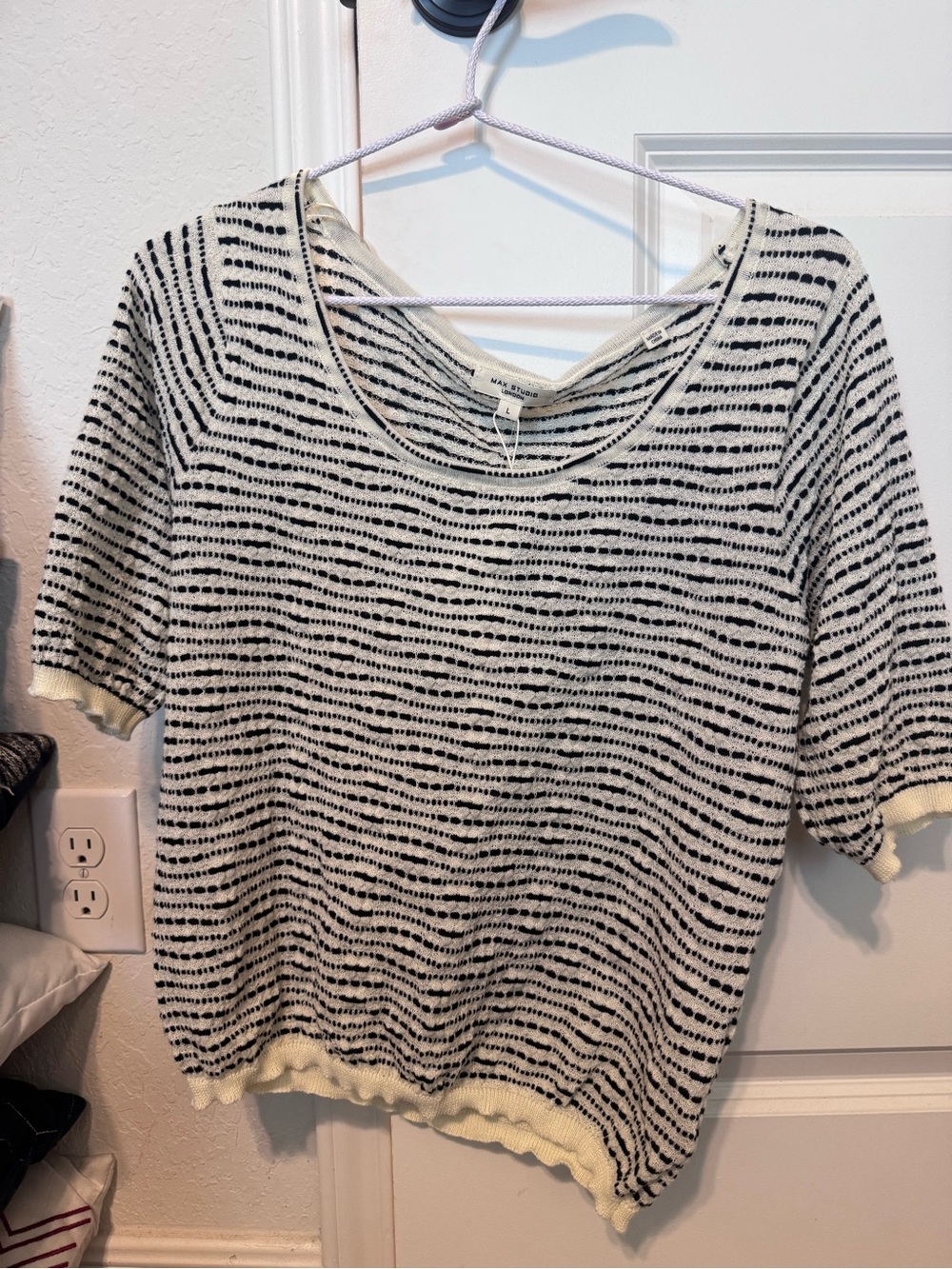 Max Studio Black and Cream Striped Short-Sleeve Crew Sweater